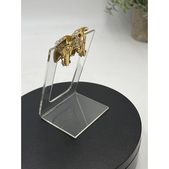 Vintage Estate Rhinestone Encrusted Pave Gold Tone X Shaped Clip On Earrings - Picture 8 of 10